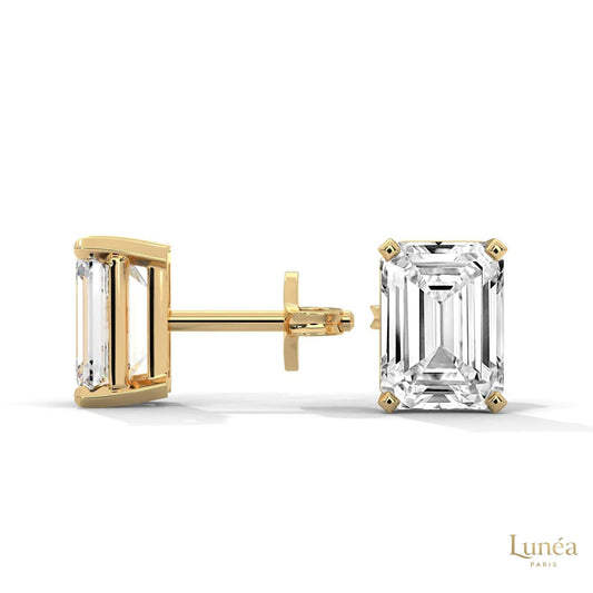1 carat emerald-cut lab-grown diamond stud earrings set in polished 14K white gold.