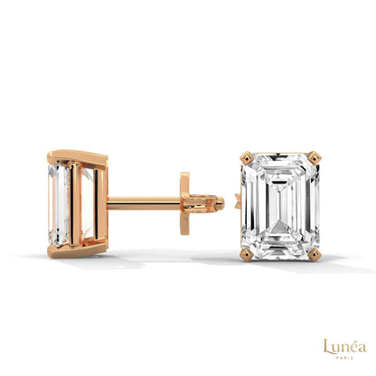 1 carat emerald-cut lab-grown diamond stud earrings set in polished 14K rose gold.