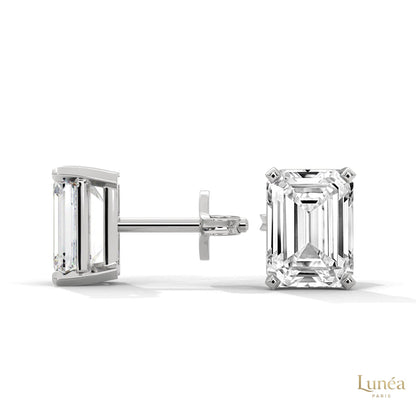 1 carat emerald-cut lab-grown diamond stud earrings set in polished 14K white gold.