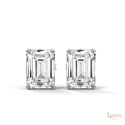 Emerald-cut lab-grown diamond stud earrings set in polished 14K white gold.