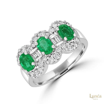 1 ct. Oval Emerald & Diamond Three-Stone Ring | Lab Grown | 14K Gold & Platinum