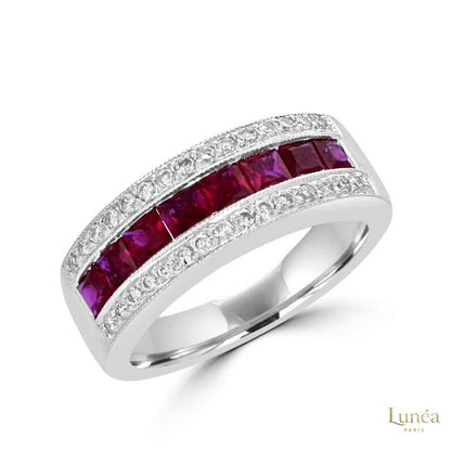 Square 2.5ct Ruby & Diamond Channel-Set | Lab Grown | 14K Gold & Platinum