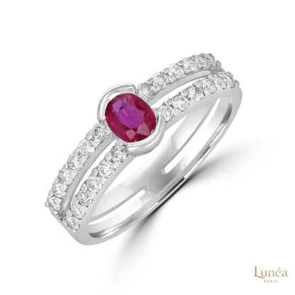 2 ct. Ruby Oval & Diamond Bezel Set Band Ring | Lab Grown | 14K Gold & Platinum
