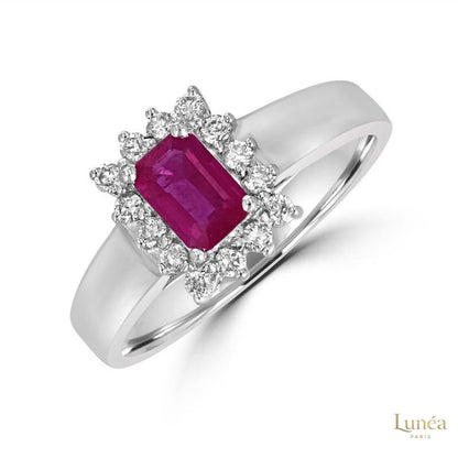 Emerald-Cut 2ct Ruby Halo Ring | Lab Grown | 14K Gold & Platinum