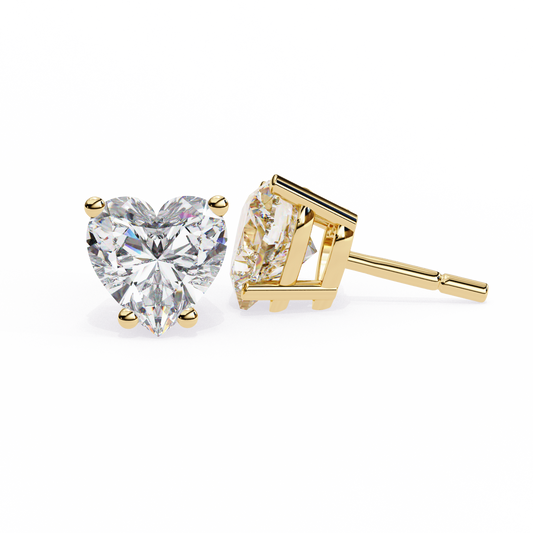 2.43 CTW heart-cut lab-grown diamond stud earrings set in polished 14K yellow gold.