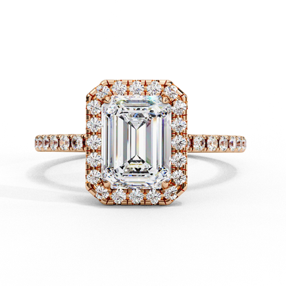 2.02 CTW Emerald-Cut Lab-Grown Diamond Halo Pavé Engagement Ring in 14K Rose Gold