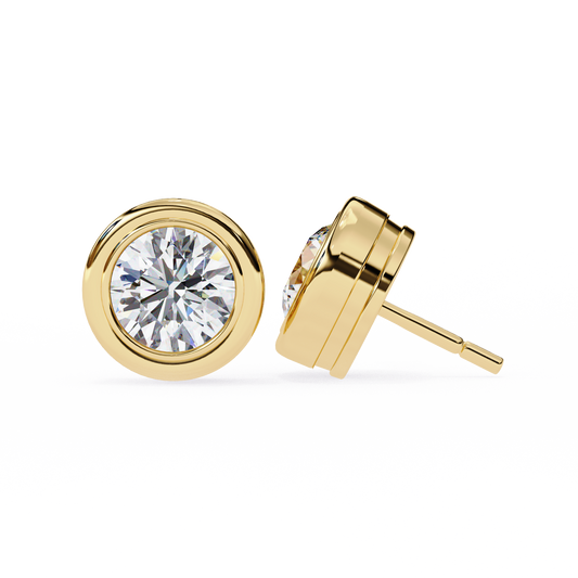 2.57 CTW round lab-grown diamond stud earrings in a polished 14K gold bezel setting.