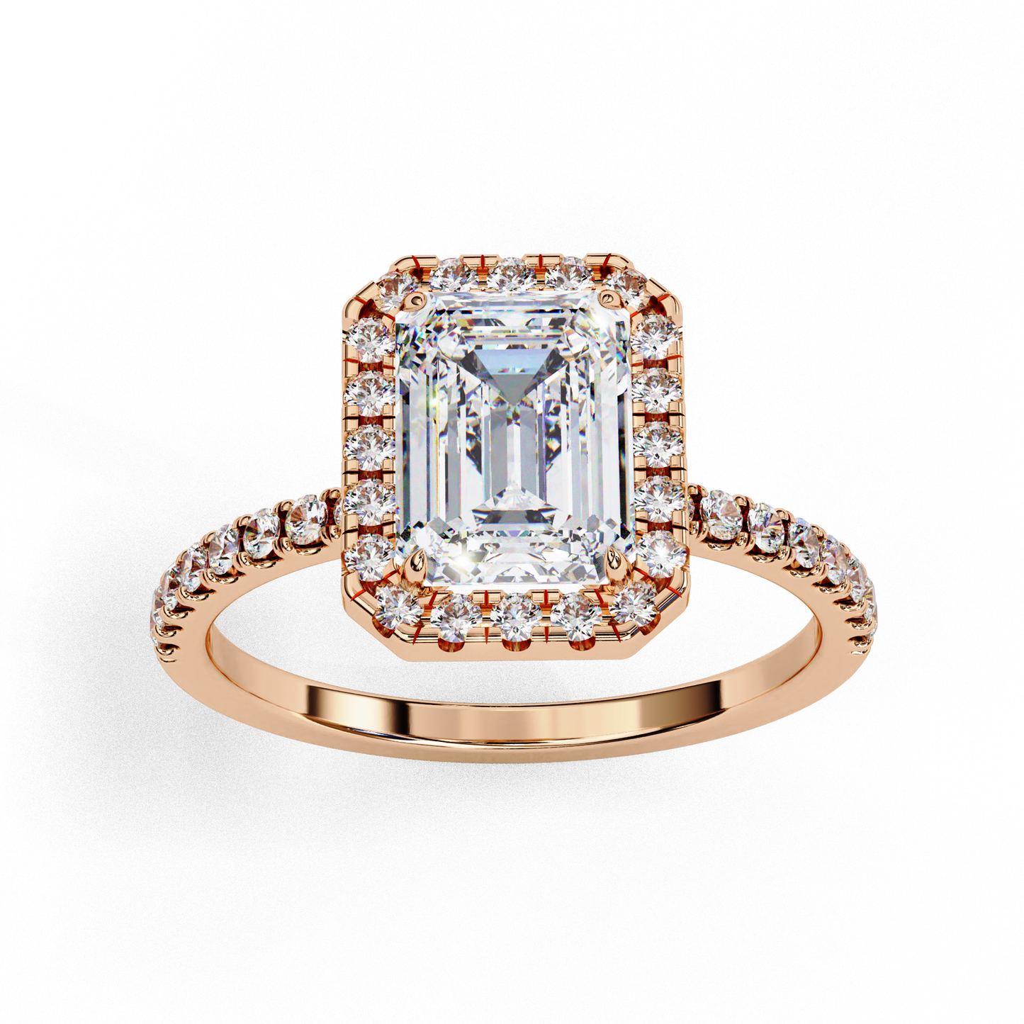2.02 CTW Emerald-Cut Lab-Grown Diamond Halo Pavé Engagement Ring in 14K Rose Gold