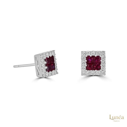 Princess-Cut Ruby Halo Diamond Stud Earrings | Lab Grown | 14K Gold & Platinum