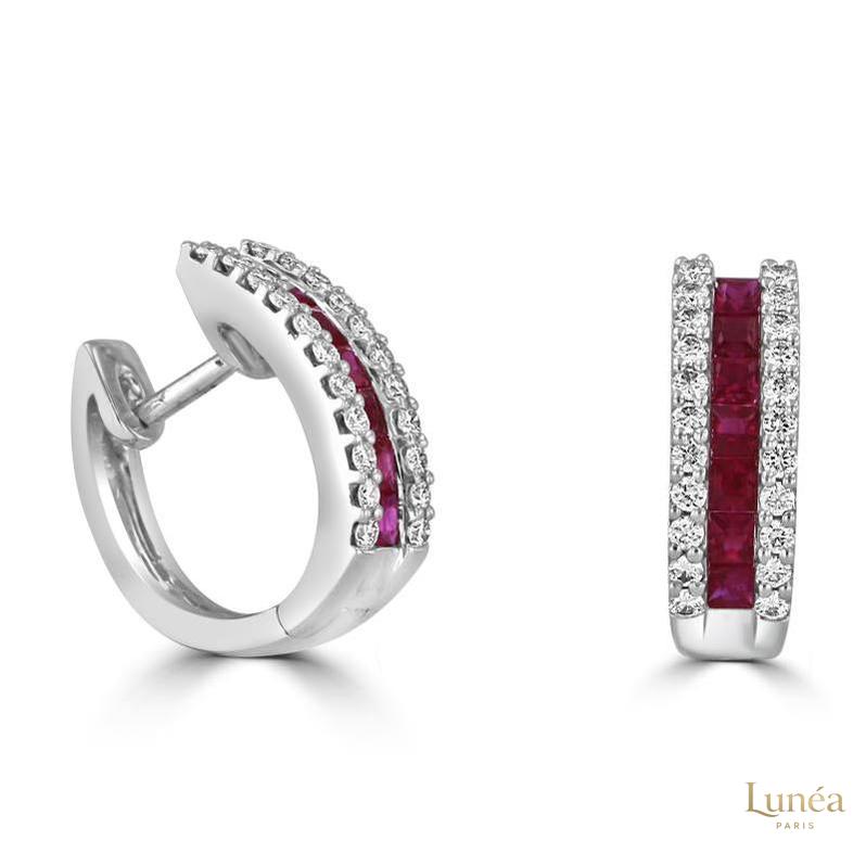 Ruby & Diamond Hug Hoop Earrings | Lab Grown | 14K Gold & Platinum