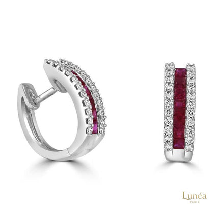 Ruby & Diamond Hug Hoop Earrings | Lab Grown | 14K Gold & Platinum
