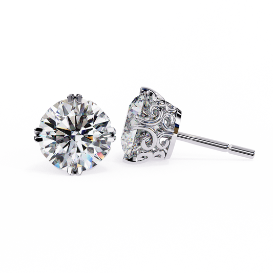 2.57 CTW round lab-grown diamond stud earrings in platinum with an intricate eight-prong filigree setting.