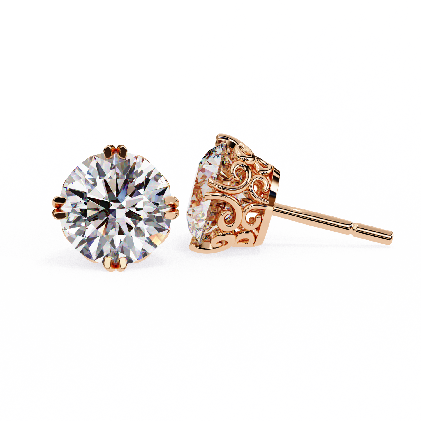 2.57 CTW Round Lab-Grown Diamond Filigree Eight-Prong Stud Earrings in 14K Gold