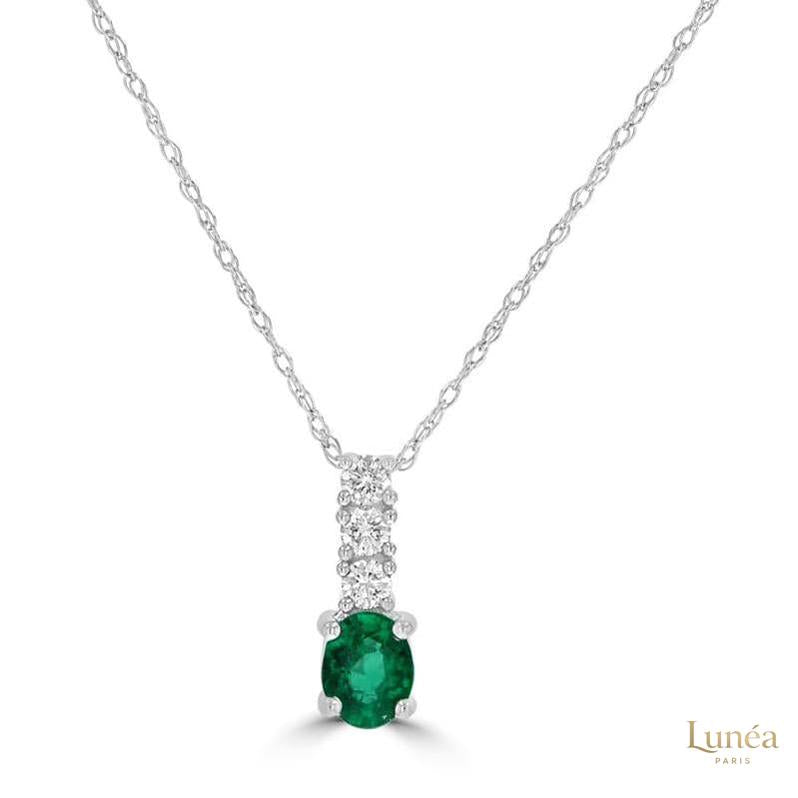 2 ct. Oval Emerald Pendant with Diamond Trio | Lab Grown | 14K Gold & Platinum