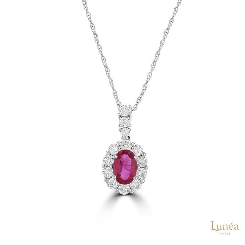 Oval 2 ct. Ruby Halo Pendant | Lab Grown | 14K Gold & Platinum