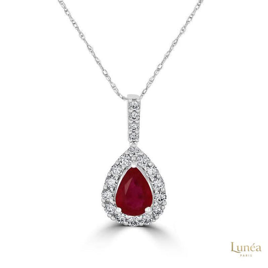 2 ct. Pear Ruby Diamond Halo Pendant | Lab Grown | 14K Gold & Platinum