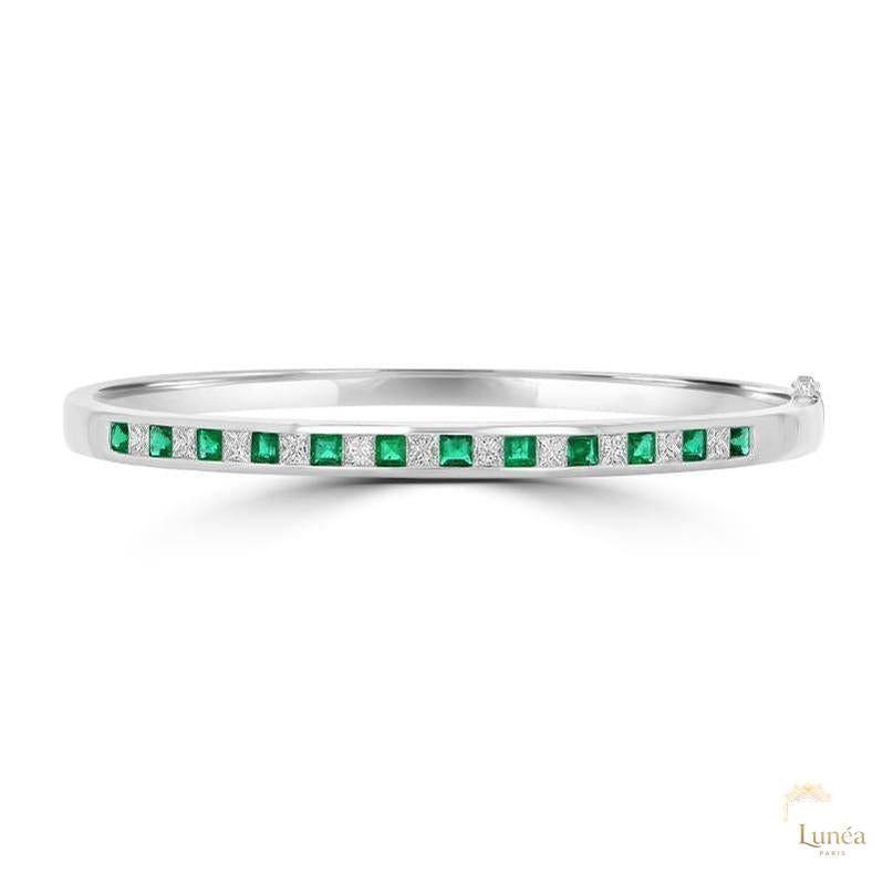 Emerald & Diamond Channel Bangle Bracelet | Lab Grown | 14K Gold & Platinum