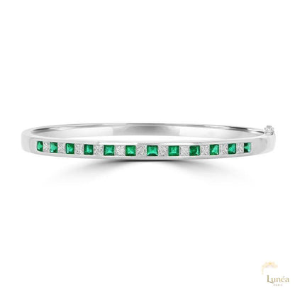 Emerald & Diamond Channel Bangle Bracelet | Lab Grown | 14K Gold & Platinum