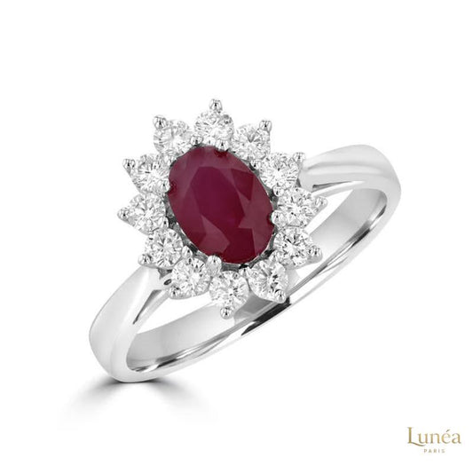 Oval 2 ct. Ruby Halo Diamond Ring | Lab Grown | 14K Gold & Platinum