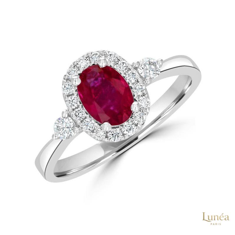 Oval 3ct Ruby Halo & Diamond Side Ring | Lab Grown | 14K Gold & Platinum