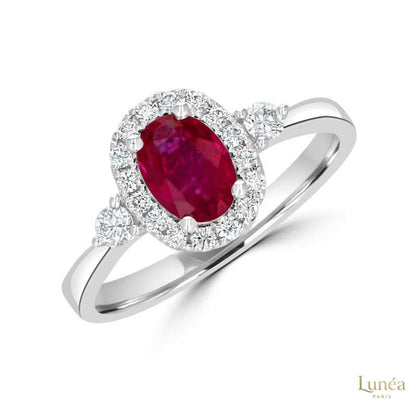 Oval 3ct Ruby Halo & Diamond Side Ring | Lab Grown | 14K Gold & Platinum
