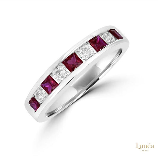 Ruby Princess & Diamond Channel Band Ring | Lab Grown | 14K Gold & Platinum