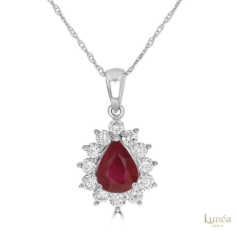 2 ct. Pear Ruby & Diamond Halo Pendant | Lab Grown | 14K Gold & Platinum