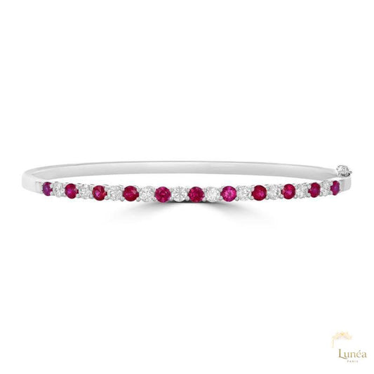 Ruby & Diamond Prong Set Bangle Bracelet | Lab Grown | 14K Gold & Platinum