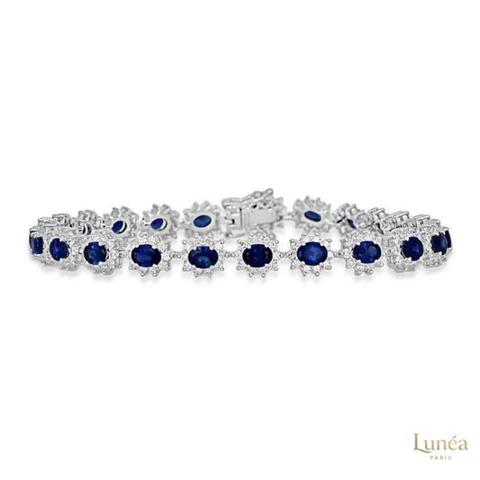 Oval Sapphire & Diamond Halo Tennis Bracelet | Lab Grown | 14K Gold & Platinum