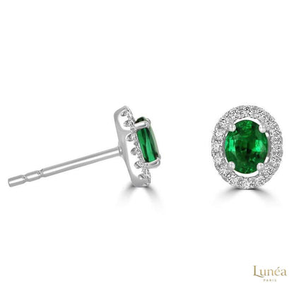 Oval Emerald & Diamond Halo Studs | Lab Grown | 14K Gold & Platinum