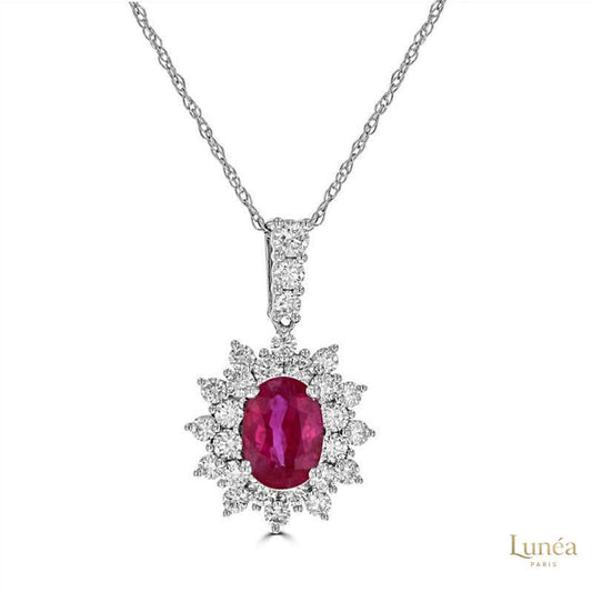 2 ct. Ruby Halo Pendant & Diamond Double Row | Lab Grown | 14K Gold & Platinum