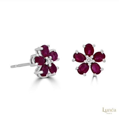 Ruby & Diamond Flower Stud Earrings | Lab Grown | 14K Gold & Platinum