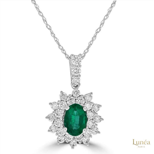 Oval Emerald & Diamond Halo Pendant | Lab Grown | 14K Gold & Platinum