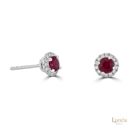 Round Ruby & Diamond Halo Stud Earrings | Lab Grown | 14K Gold & Platinum