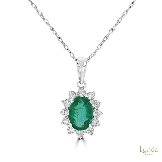 3 ct. Oval Emerald Halo Pendant in Diamond Frame | Lab Grown | 14K Gold & Platinum