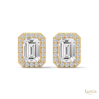Emerald-cut lab-grown diamond halo stud earrings in 14K gold with a pavé diamond border.