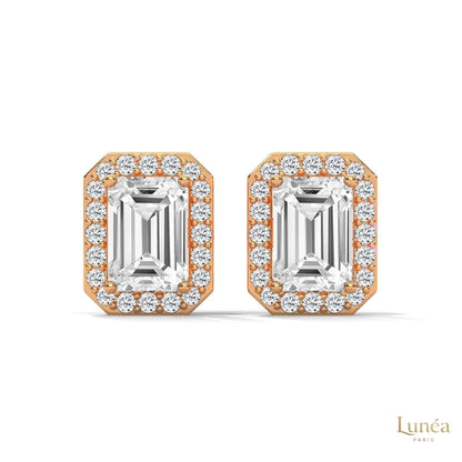 Emerald-cut lab-grown diamond halo stud earrings set in polished 14K gold.