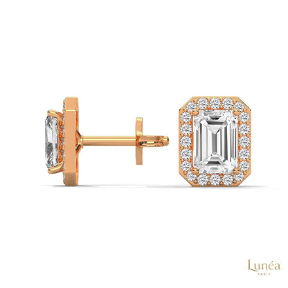1.05 ct emerald-cut lab-grown diamond halo stud earrings set in polished 14K rose gold.