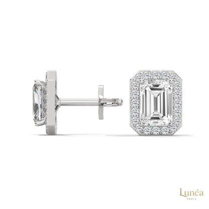 1.05 CT emerald-cut lab-grown diamond halo stud earrings set in polished 14K white gold.