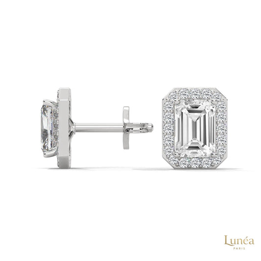 1.05 CT emerald-cut lab-grown diamond halo stud earrings set in polished 14K white gold.