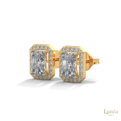 Emerald-cut lab-grown diamond halo stud earrings set in polished 14K gold.