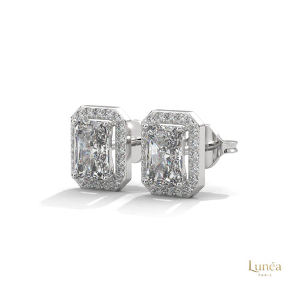 Emerald-cut lab-grown diamond halo stud earrings set in polished 14K gold.