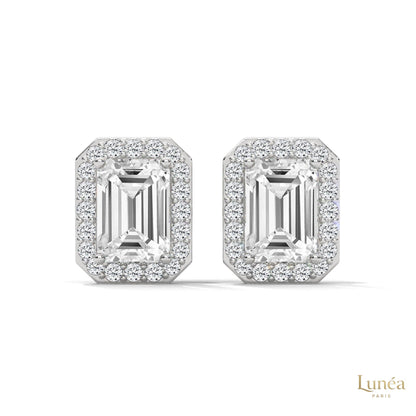 Emerald-cut lab-grown diamond halo stud earrings in 14K gold with a pavé diamond border.