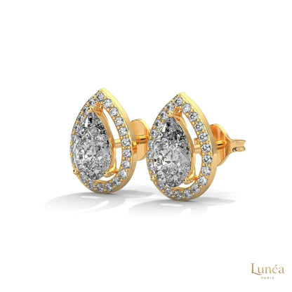 1.09 CT pear-shaped lab-grown diamond halo stud earrings set in polished 14K gold with sparkling pavé accents.