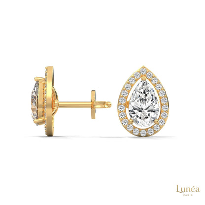 1.09 CT pear-shaped lab-grown diamond halo stud earrings set in polished 14K gold.