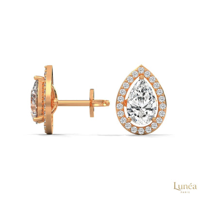1.09 CT pear-shaped lab-grown diamond halo stud earrings set in polished 14K rose gold.