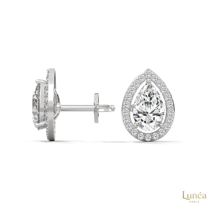 1.09 CT pear-shaped lab-grown diamond halo stud earrings set in polished 14K white gold.