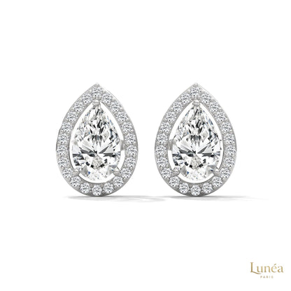 1.09 CT pear-shaped lab-grown diamond halo stud earrings in 14K gold with pavé setting.