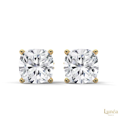 1.25 ct. cushion-cut lab-grown diamond stud earrings set in polished 14K white gold for a brilliant, timeless look.