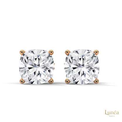 1.25 CT cushion-cut lab-grown diamond stud earrings set in polished 14K white gold for a brilliant, timeless look.